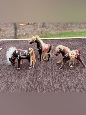Handmade Embroidered Chinese Fabric Horse Figurines - Set of 3